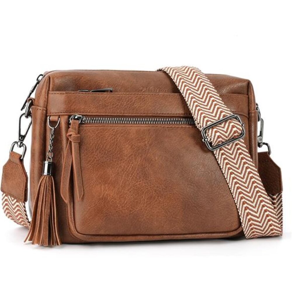 Vegan Leather Crossbody Bag for Women Multi Pocket Shoulder Purse with Tassel